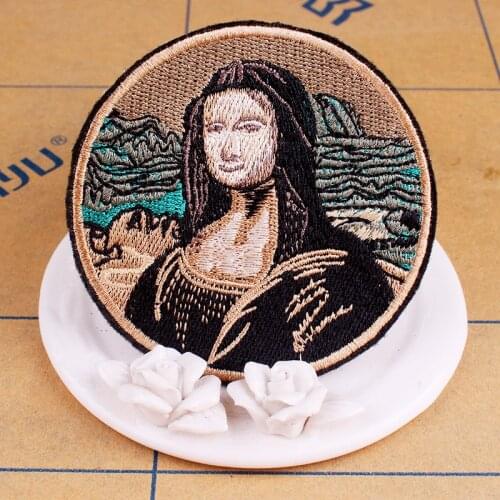 Pulaqi Mona Lisa Patch For Clothing Space Embroidery Patches For Clothes Blue Sky Iron On Appliques Stripes On Clothes DIY Badge