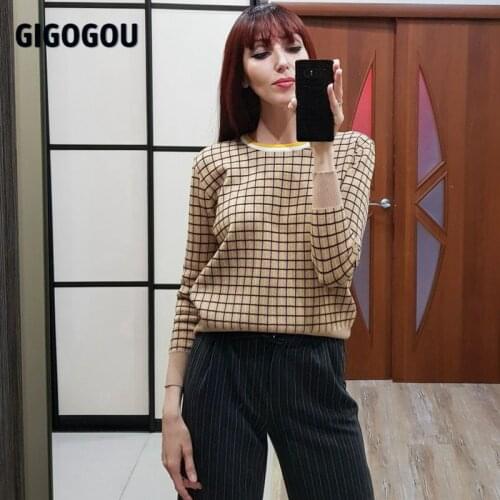 GIGOGOU Plaid Women Pullovers And Sweaters O Neck Long Sleeve Female Jumper Winter Fall Elegant Jacquard Knitted Sweater Tops