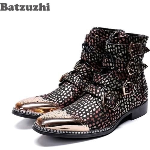 Batzuzhi Luxury Men Boots Gold Metal Tip Buckles Multi Leather Dress Boots for Men Party, Runway and Wedding botas hombre