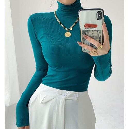 2020 Long Sleeve Thick T Shirt Women Vintage Turtleneck Slim Basic Tshirt Korean Style Streetwear Chic T-shirt Autumn Winter