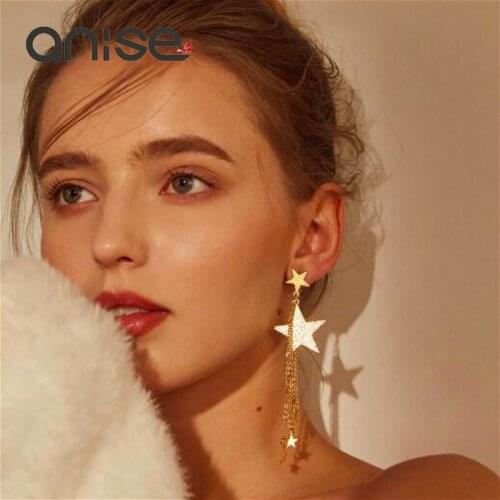 Anise Fashion Metal Star Long Tassel Earring for Women Gold Silver Color Pentagram Chain Fringe Drop Earrings Wedding Bijoux