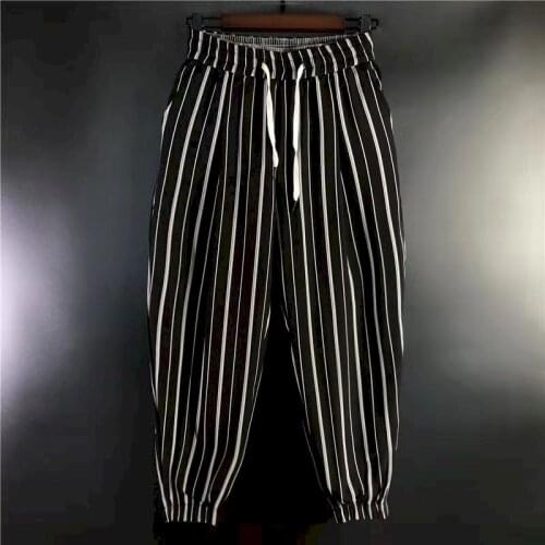 Womens Cropped Trousers Summer Striped Harem Trousers Loose Casual Pants Men Korean Feet Personality Fashion Wild Foot Pants