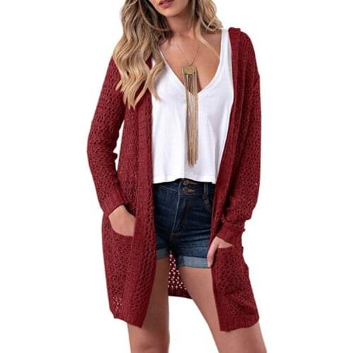 LOGAMI Hollow Out Hooded Cardigans Long Women Summer Autumn Casual Sweaters Coat