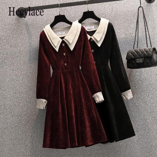 Plus Size 4XL Women 2021 Winter Fall Vintage Black Burgundy Corduroy Sweet Peter Pan Collar Long Sleeve Dresses Ladies Clothing