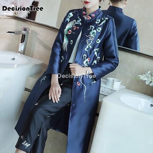 2021 lady vintage crane embroidery long qipao robe elegant women cheongsam mandarin collar elegant chinese dress vestidos