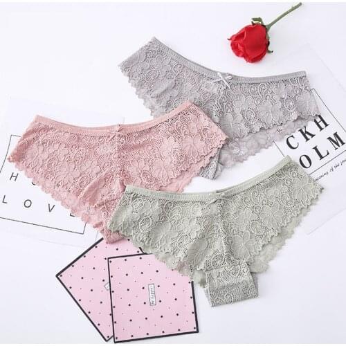 2021 Sexy Seamless Lace Panties Perspective Underwear Antibacterial Cotton Crotch Briefs Lingerie Women 3/5PCS