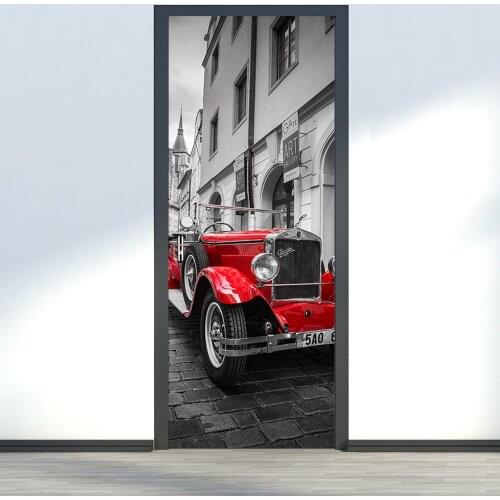 3D Red Pula Car in Prague Square Sticker Wooden Door Refurbished PVC Sticker Self-adhesive Decoration Home Decor 200x38.5cm 2pcs