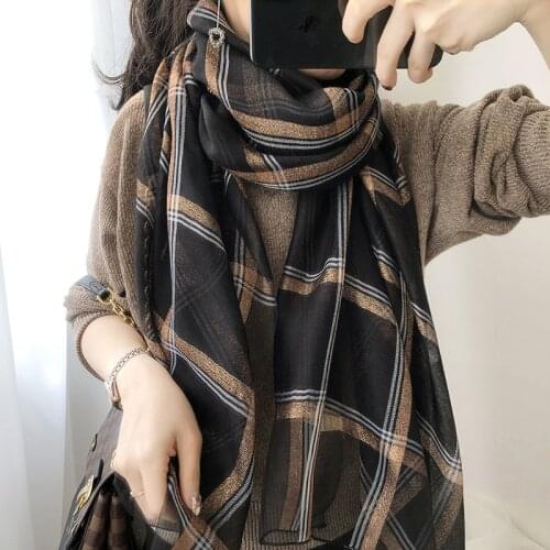 80CM*195CM Plaid Silk Wool Versatile Scarves Womens Gold Line Large Lattice Thin Shawl Beach Pashmina
