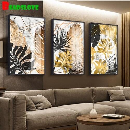 Nordic style Golden leaf Diamond Painting Cross Stitch Diamond Mosaic Picture of Rhinestone Full Square Diamond Embroidery 3 PCS