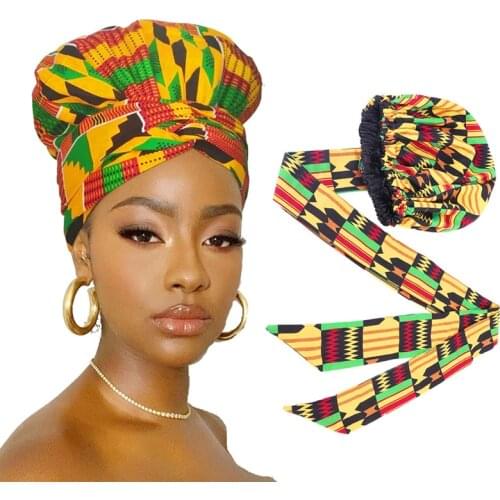 African pattern satin linned bonnet With Long Ribbon headwrap Double Layer Headwrap headscarf Ankara Big Size Women Hair Cover