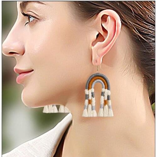 Bohemian Handmade Woven Rainbow Thready Tassel Pendent Long Drop Earrings for Women Nordic Style Vintage Statement Jewelry Gift