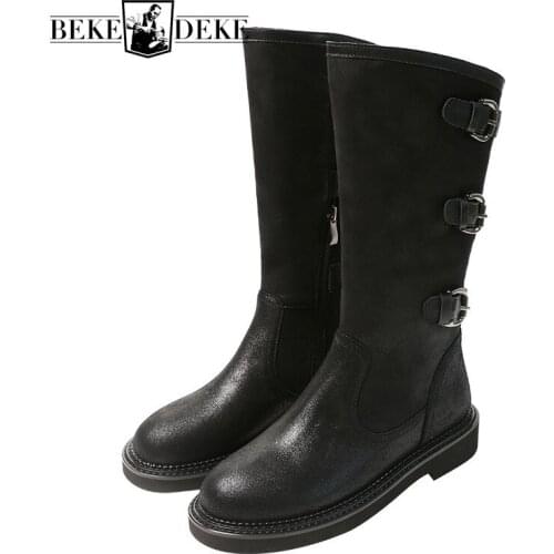 Vintage Belt Buckle Flat Boots Women Autumn Winter New Motorcycle Riding Boots England Style Black Casual High-Top Shoes Woman
