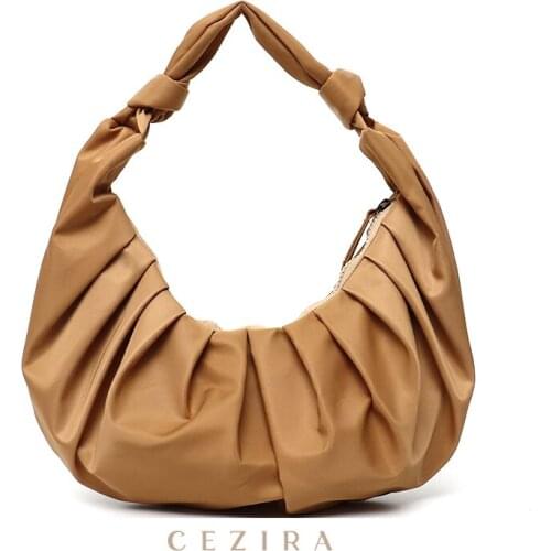CEZIRA Fashion Pleated Underarm Bags Women Soft Nylon Fabric Hobo Handbags Ladies Casual Baguette Purse Chic Small Shoulder Bag
