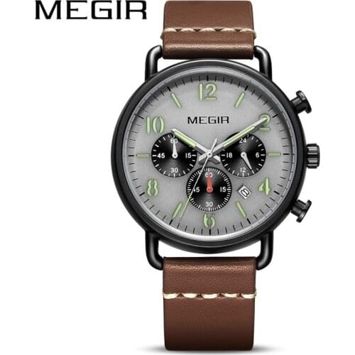 MEGIR 2021 New Watches for Men Chronograph Luminous Sports Mens Quartz Wrist Watch Man with Leather Strap Waterproof Mens Watch
