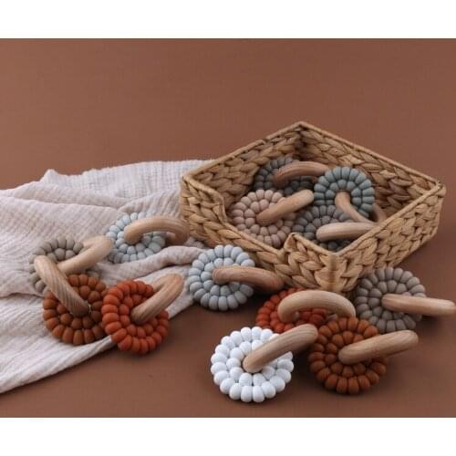 Baby Silicone & Natural Wooden Teether Ring Infant Bangle Teether Toys Develop Sensory Skills Montessori Toy