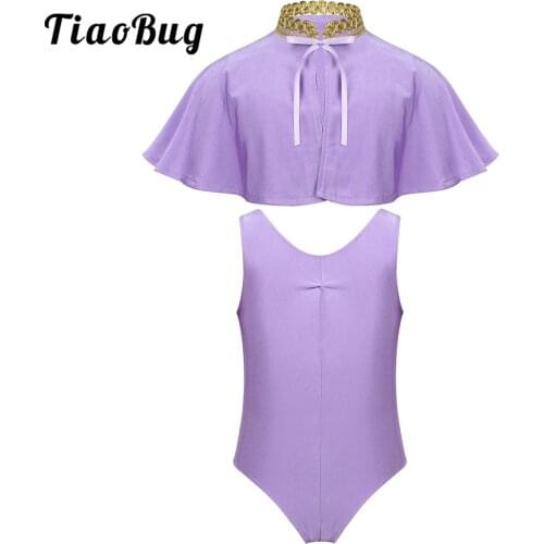 Kids Girls Circus Show Trapeze Costume Leotard with Cape Show Performing Set Sleeveless Leotard with Cape for Halloween Cosplay