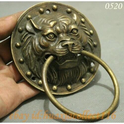 Folk Chinese brass Copper Collect Lion Head Mask Statue Gate Door Knocker pair wholesale 2PCS copper Decoration real Brass