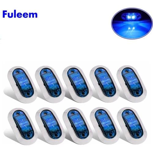 Fuleem 10PCS Chrome Bezel Blue LED 2.5INCH 2 Diode Light Oval Clearance Trailer Truck LED Side Marker Lamp 12V 24V Waterproof