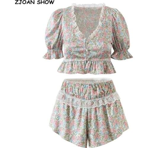 2021 Summer Floral Print Satin Shirt Pajama Suits Elastic Waist Wide Leg Shorts Women Buttons Cropped Tops 2 Pieces Set