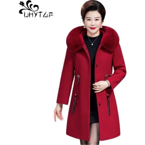 UHYTGF 5XL plus size Winter jacket women wool coat women slim female jacket belt thick quality fur collar warm coats women X716