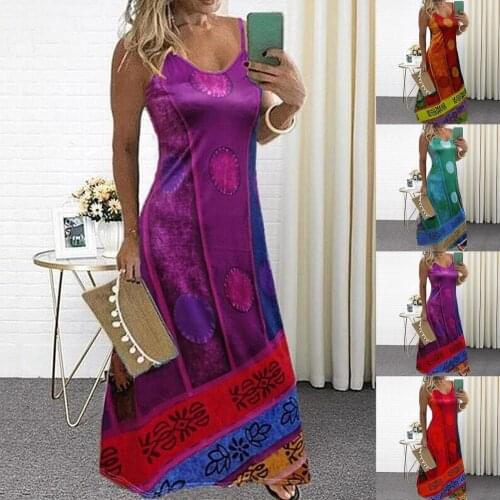 Summer Dress 2021 Fashion Elegant Long Dresses Maxi Dress Printed Spaghetti Strap Women Sleeveless Low Cut Dress for Daily Wear