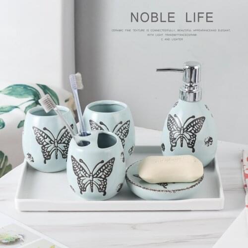 Butterfly Pattern Ceramic Bathroom Supplies Set Toothbrush Holder Lotion Bottle Mouth Cup Soap Dish Bath Decor Wedding Gift