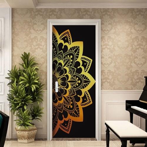 2pcs/set Gold Mandala Pattern Doors Sticker Bedroom Living Room Decoration Wall Stickers Peel & Stick Removable Art Mural Poster
