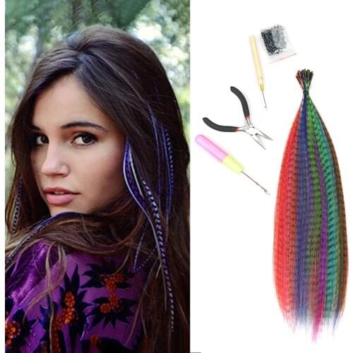 Feather Hair Extension 60S/Lot Mixed Color Straight Synthetic I Tip Hair Extensions With Micro Rings 2 Crochet Hooks 1 Plier Kit