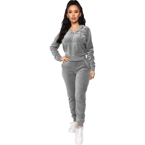 New Winter Womens Tracksuit Fashion Velvet Hooded Zipper Sweater Elastic Waist Pants Sports Suit Womens Set Two Piece Set