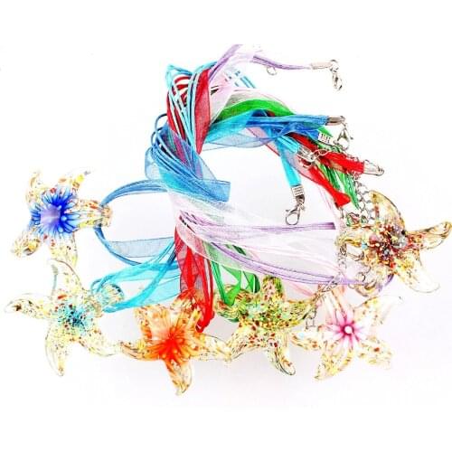 Wholesale 6pcs necklaces handmade Murano Lampwork Glass Mixed Colorful Exquisite Starfish Pendants Charms Cord Necklaces FREE