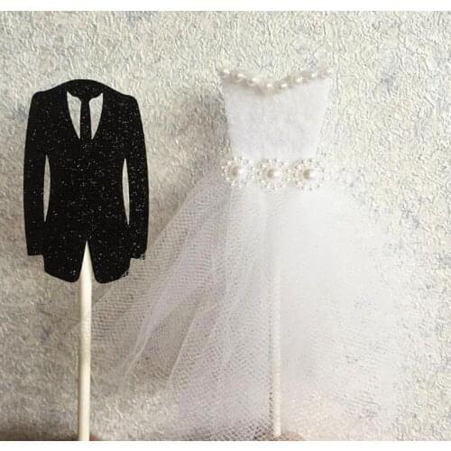 Romantic Bride Tuxedo & Groom Dress Wedding Cake Topper Anniversary Valentines Day Engagement Cake Decor Supplies black white