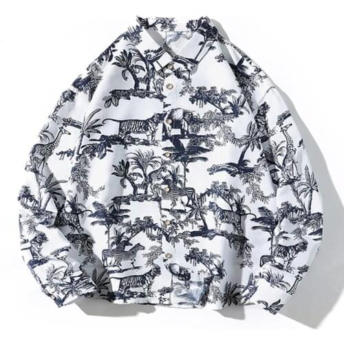 New Trend Men Retro Oversize Shirt Coat Comfortable Landscape Printing Male Long-sleeved Buttons Shirt Fashion Streetwear