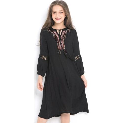 Teenage Girls Chiffon Dress Long Sleeve Embroidery Black Dress Autumn Winter Casual Loose National Wind Girl Childrens Clothing