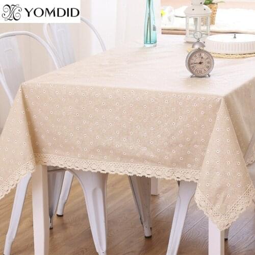 Daisy Flower Pattern Tablecloth Hot Sale Linen Cotton Table Cloth Lace Edge Rectangular Table Cloth Home Wedding Party Decor