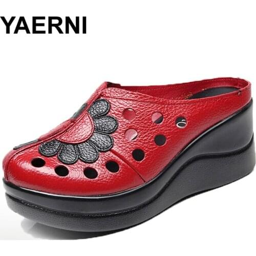 YAERNI Women 2019 Genuine Leather Slippers Summer Platform shoes For Women Fashion Outdoor Sandals Male Plus Size 41