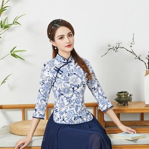 Plus Size S-4XL Blouse Chinese Style Blue And White Porcelain Tops Cheongsam Tea Clothing Elegant Printed Qipao Top Shirt Blouse