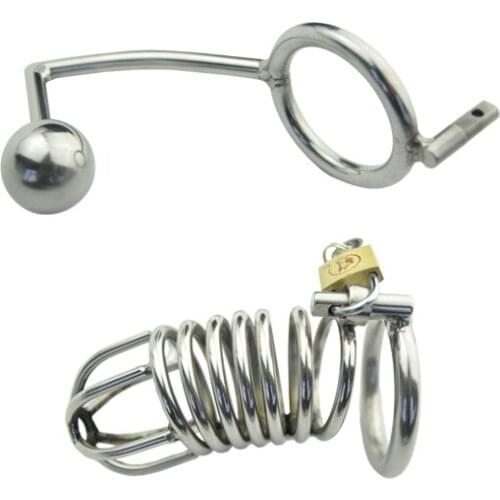 Stainless Steel Bondage Multi-function Male Chastity Small Cage with Cathet Butt Plug Anal Hook Chastity Devices Fetish sex toys
