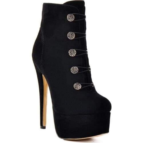 Onlymaker Ankle boots for Women Round Toe Black Color Flock Stiletto Platform Booties Ankle Heel 16cm High Heel Pumps Size 35-46