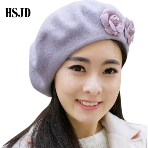 2017 New Two Pieces Flower Vintage Berets Hat Women Winter Warm Wool pillbox hat gorras Brand Female Elegant Berets Beanie hat