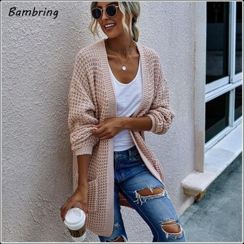 Women Knitted Cardigan Sweater Solid Color Pocket Casual Sweater Loose Open Stitch Sleeve Autumn And Winter Long Sleeve Jacket