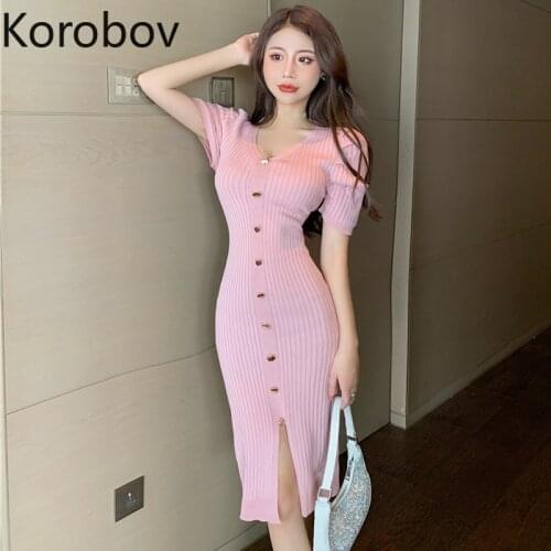 Korobov Korean Sexy V Enck Short Sleeve Women Dress Vintage Office Lady Single Breasted Split Dresses Summer Slim Vestidos Femme