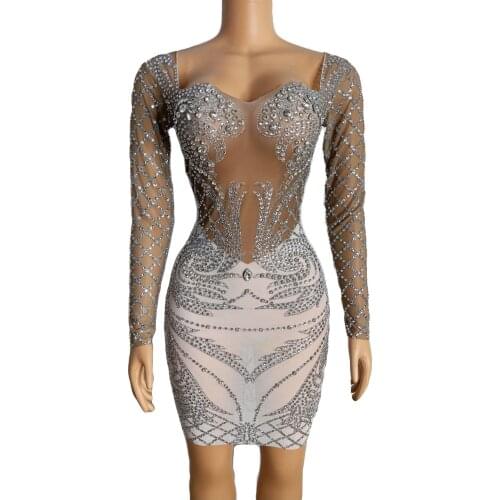 Silver Stones Mesh Dress Women Bar Singer Dance Show Prom Party Outfit Birthday Celebrate Transparent mini Dress