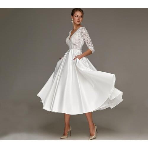 Fashion Tea Length Wedding Dress Elegant A Line V-Neck Bridal Gowns Lace Three Quarter Sleeve Vestidos De Novia 2021