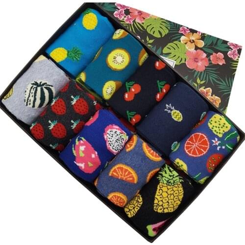 10 Pairs/Pack Men Women Fashion Colorful Funny Novelty Casual Combed Cotton Crew Socks Fruit Pattern Art Fun Happy socks Gift