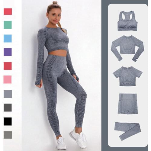 2/3/5PCS Women Sportswear Yoga Set Gym Clothing Tracksuit Long Sleeve Crop Top High Waist Seamless Leggings Fitness Sports Suits
