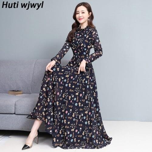 2021 Spring Autumn Black Floral Chiffon Vintage Dress Plus Size Long Sleeve Boho Maxi Dress Women Bodycon Party Casual Vestidos