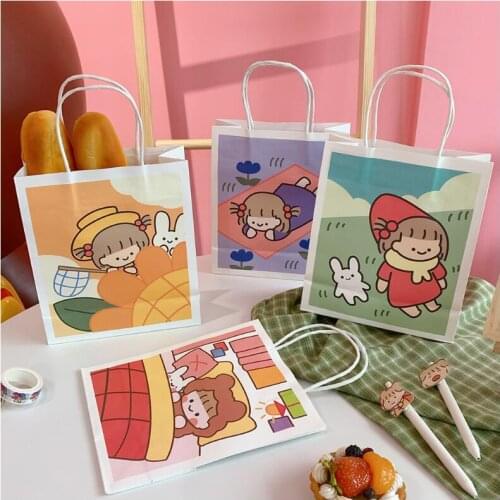 4pcs Cute INS Simple Cartoon White Paper Bag Portable Shopping Bags Birthday Party Favor Gift Packaging Bag