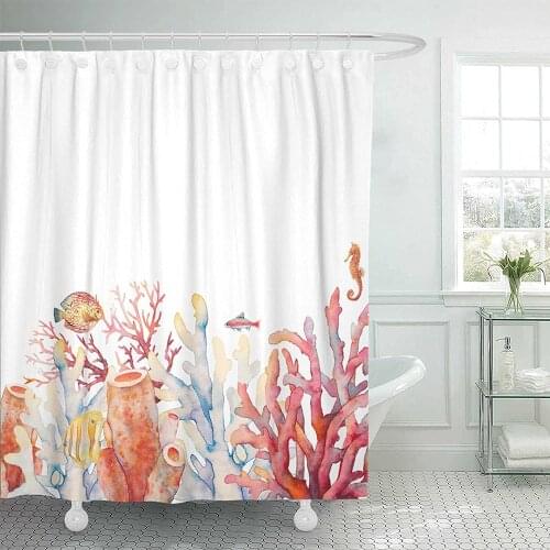 Watercolor Coral Border with Underwater Branches Sea Horse and Fishes On White Shower Curtain Waterproof Curtain for Bathroom