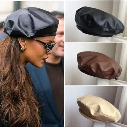 Women Hot Fashion Beret Solid Faux PU Leather Beret French Artist Warm Beanie Hat Fall Hats For Women 2020 Winter