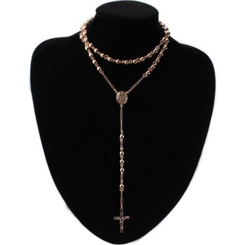 4/6/8mm Shining Rose Gold Filled Stainless Steel Bless Rosary Beads Trendy Sweater Chain Rosarios Catolicos Para Womens Necklace